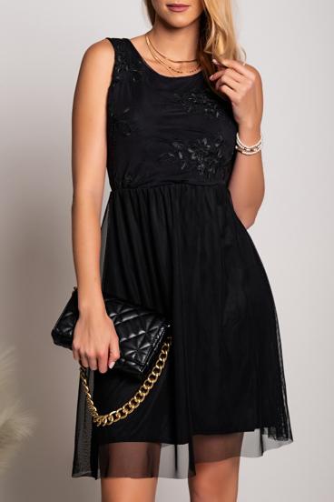 Elegantiška suknelė su apvalia iškirpte ir siuvinėjimo detale Dilana, juoda