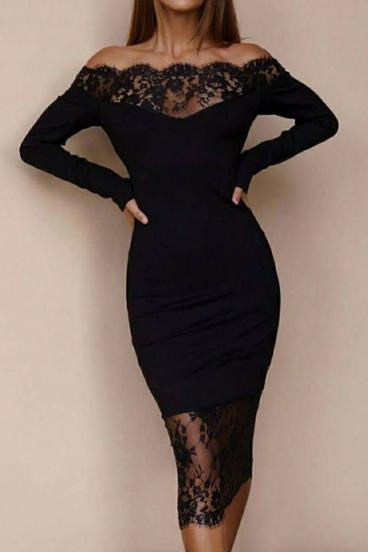 Elegantiška midi suknelė ilgomis rankovėmis ir permatoma nėrinių detale Avinjon, juoda