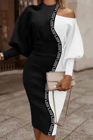 Elegantiška midi suknelė su geometriniu raštu, juoda ir balta