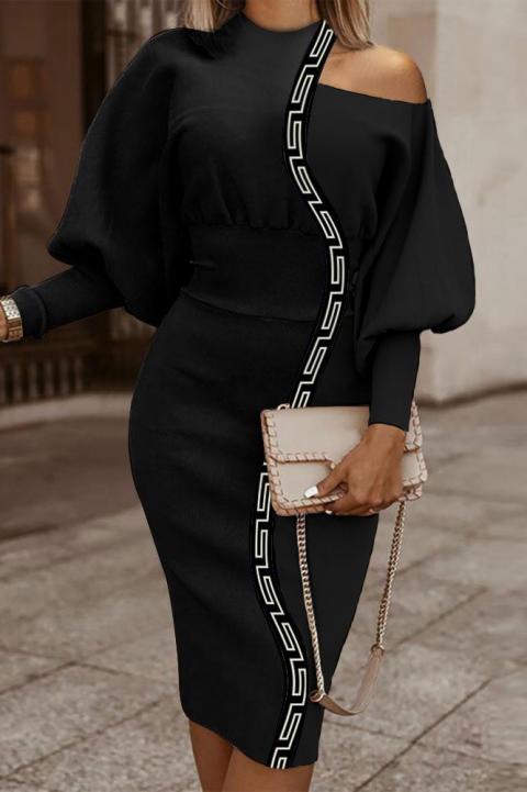 Elegantiška midi suknelė su geometriniu raštu, juoda
