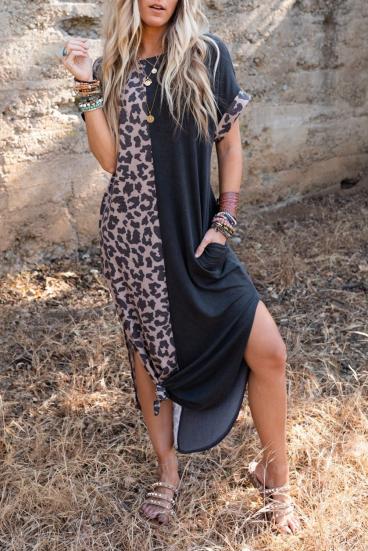 Elegantiška leopardo rašto maksi suknelė, juoda