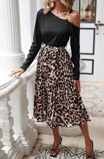 Leopardo rašto midi suknelė, juoda