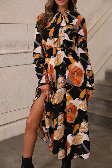 Maxi suknelė su gėlių raštu, oranžinė