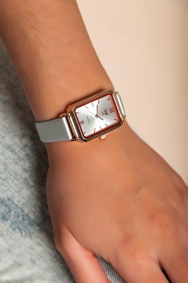 Elegantiškas laikrodis su dirbtinės odos apyranke, šviesiai pilkas