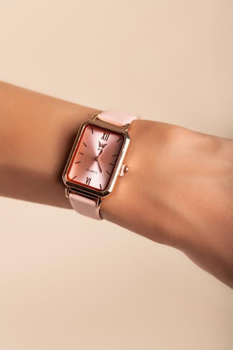 Elegantiškas laikrodis su dirbtinės odos apyranke, šviesiai rožinis