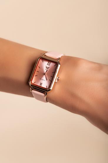 Elegantiškas laikrodis su dirbtinės odos apyranke, šviesiai rožinis