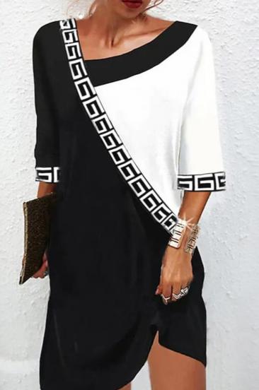 Elegantiška suknelė su geometriniu raštu, juodai balta
