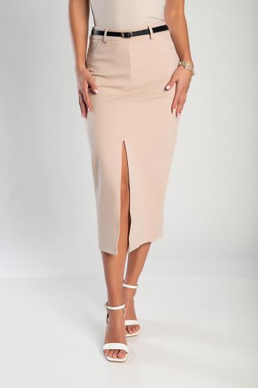 Elegantiškas midi sijonas su dirželiu, smėlio spalvos