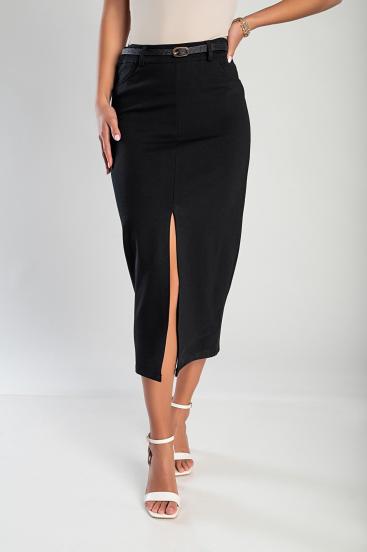 Elegantiškas midi sijonas su dirželiu, juodas