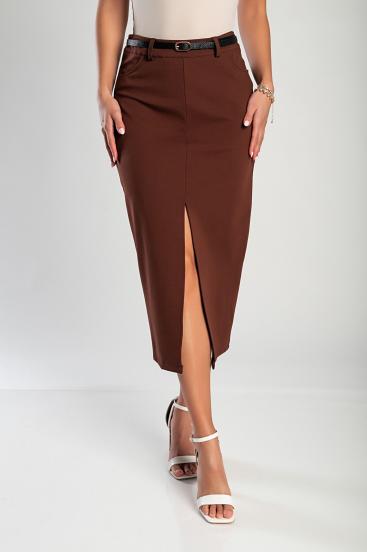 Elegantiškas midi sijonas su dirželiu, rudas