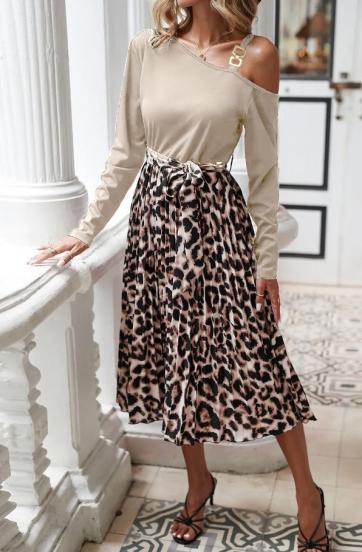 Leopardo rašto midi suknelė, smėlio spalvos