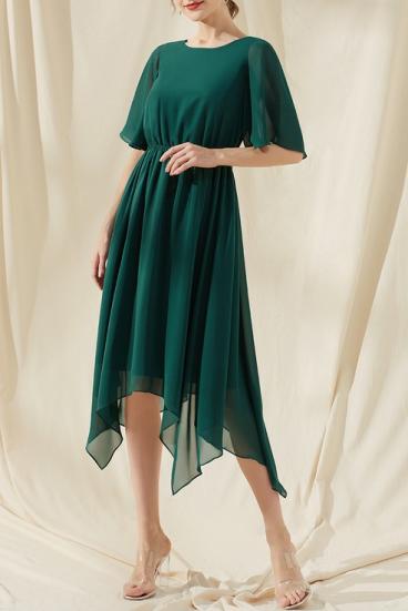 Ilga asimetriška midi suknelė, tamsiai žalia