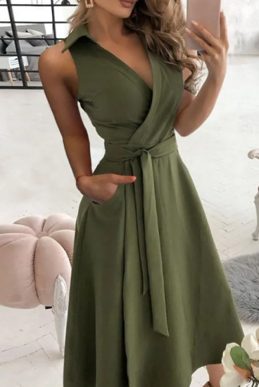 Elegantiška midi suknelė su apykakle, alyvuogių žalios spalvos