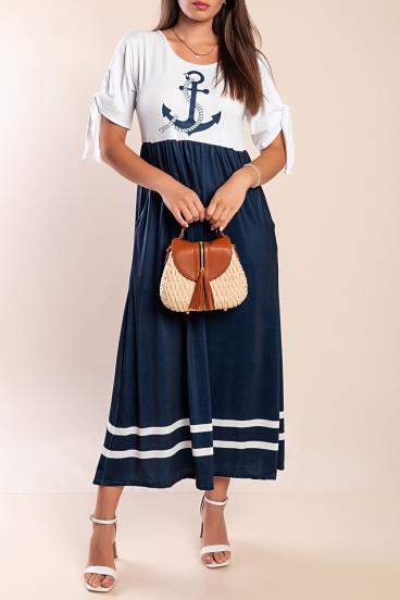 Midi suknelė su inkaro raštu, balta/navy